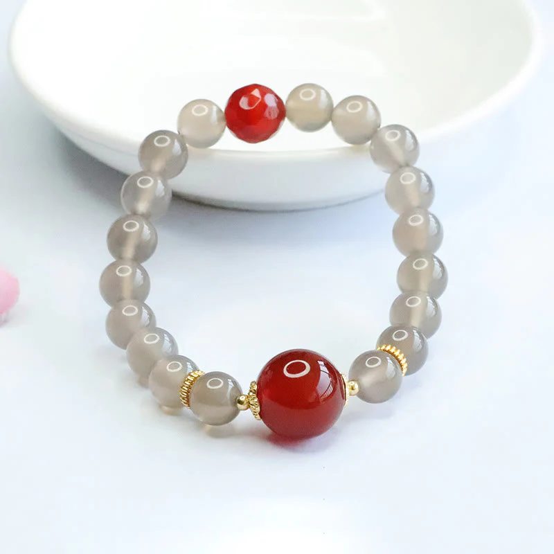 Buddha Stones Natural Gray Chalcedony Red Agate Harmony Bracelet