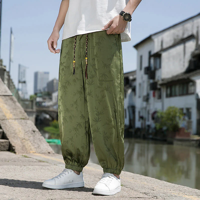 Buddha Stones Summer Ice Silk Jacquard Bamboo Pattern Men's Drawstring Cotton Pants With Pockets