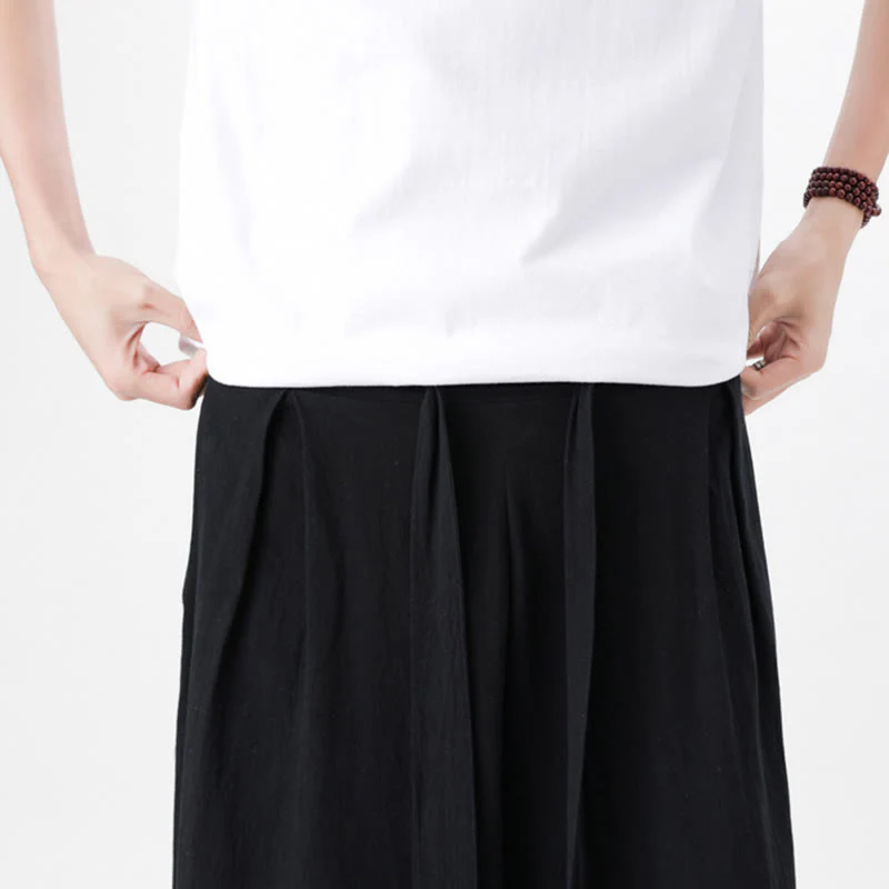 Buddha Stones Spring Casual Sports Drawstring Design Men's Cotton Linen Wide Leg Pants With Pockets