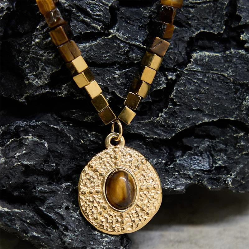 Buddha Stones Natural Tiger Eye Square Protection Titanium Steel Necklace Pendant