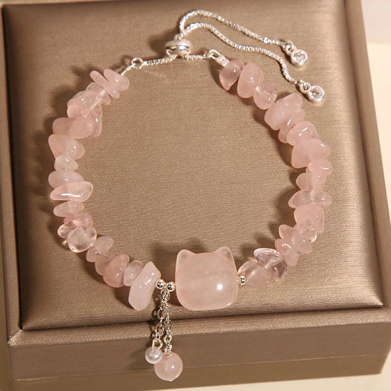 Buddha Stones Natural Pink Crystal Agate Gravel Stone Cat Head Soothing Bracelet