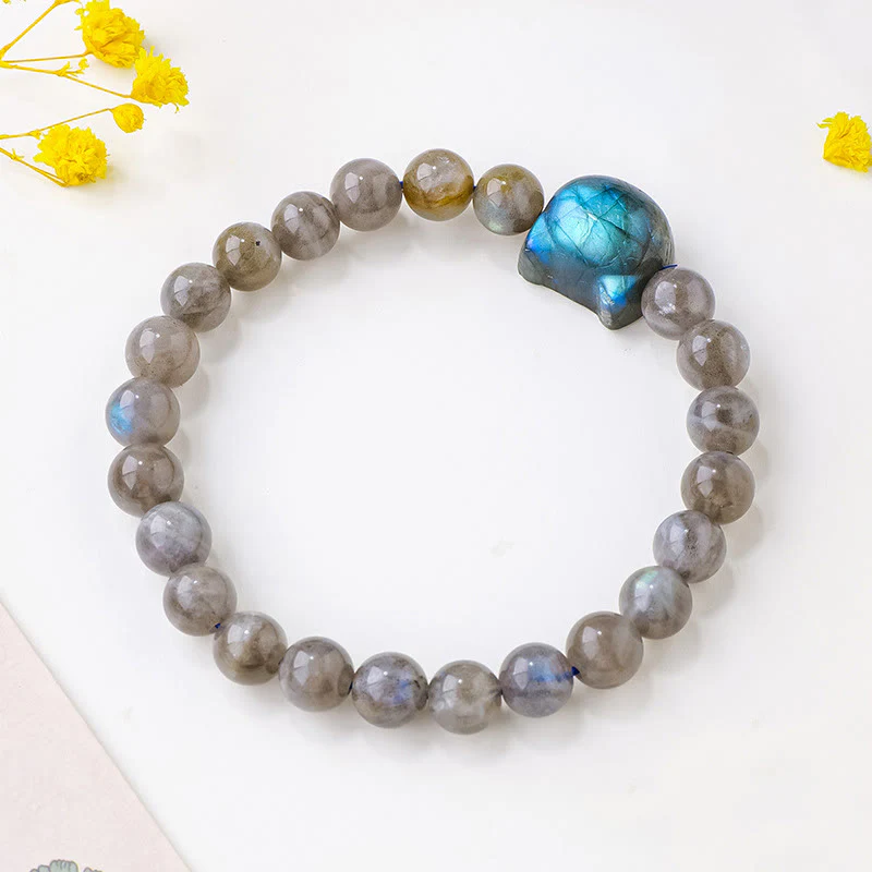 Buddha Stones Natural Labradorite Cute Cat Head Healing Change Bracelet