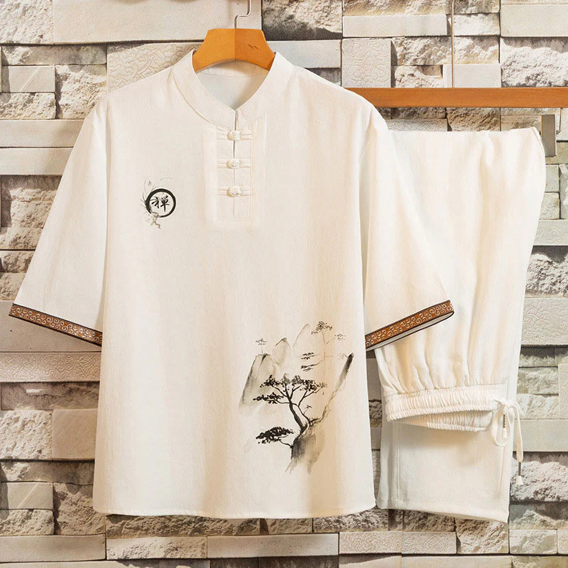 Buddha Stones 2Pcs Tree Pattern Cotton Linen Frog-Button Short Sleeve Shirt Pants Men's Set