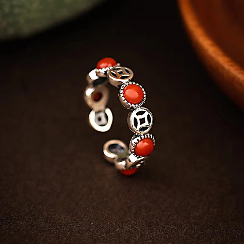 Buddha Stones Jade South Red Agate Copper Coin Prosperity Luck Open Ring