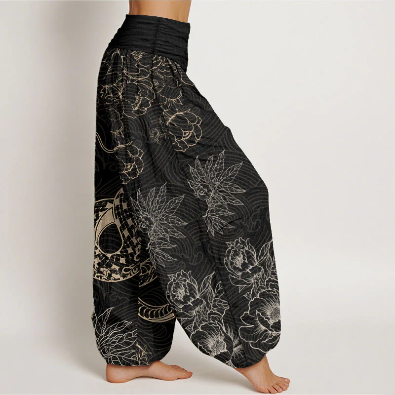 Buddha Stones Pure Cotton Snake Lotus Women's Elastic Waist Harem Pants