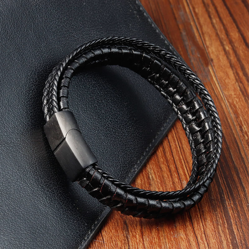 Buddha Stones Simple Braided Pattern Titanium Steel Strengthen Multi-layer Leather Buckle Bracelet
