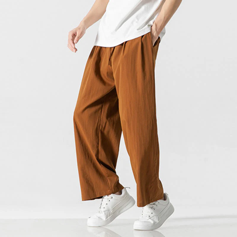 Buddha Stones Summer Casual Plain Straight Leg Design Men's Cotton Linen Drawstring Pants With Pockets
