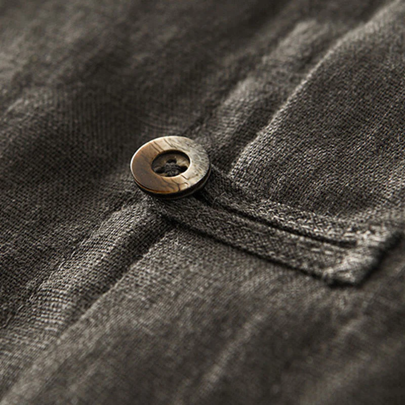 Buddha Stones Solid Summer Short Sleeve Buttons Linen Men's Shirt With Pockets