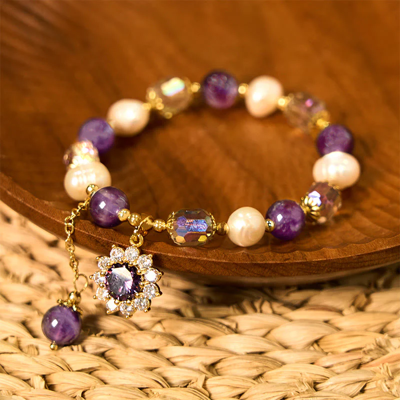 Buddha Stones Natural Amethyst Pearl Sunflower Communication Bracelet