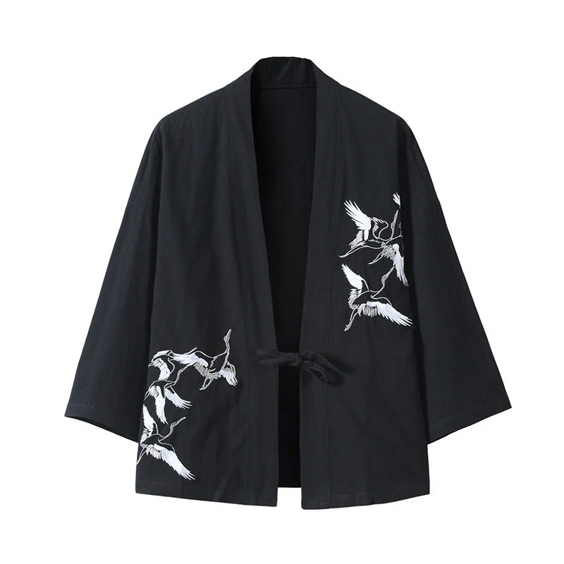 Buddha Stones Embroidery Flying White Cranes Cotton Linen Open Front Jacket Men's Kimono