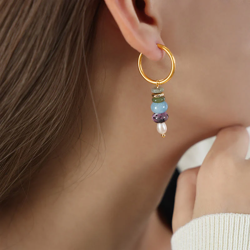 Buddha Stones Tibetan Marnyi Stone Design Natural Red Agate Pearl Confidence Titanium Steel Earrings