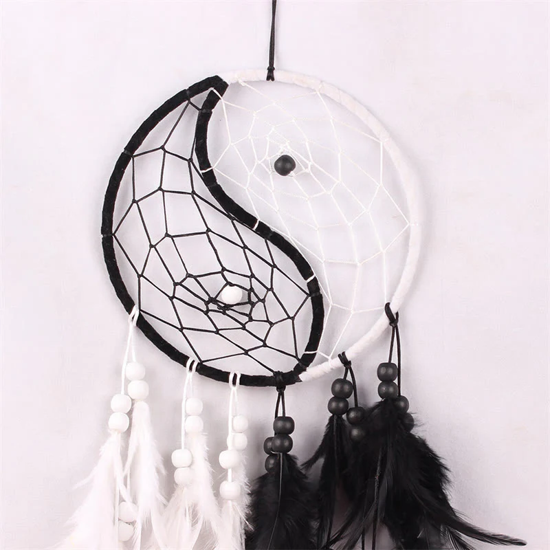 Buddha Stones Yin Yang  Dream Catcher Circular Net with Feathers Balance Decoration
