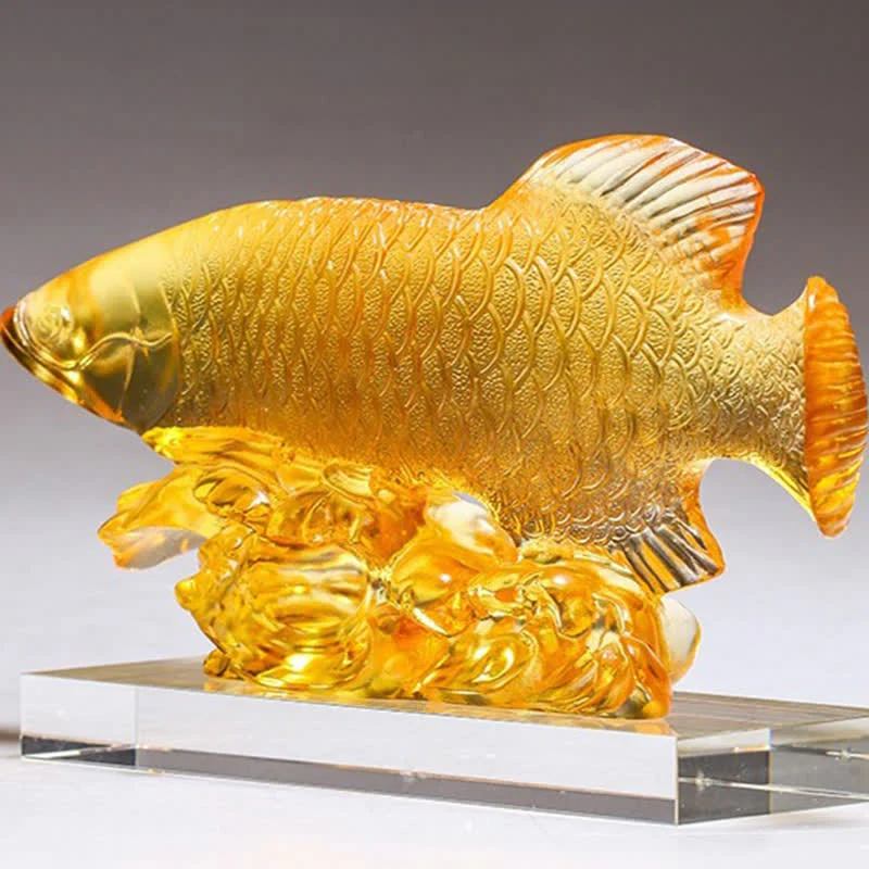 Buddha Stones Handmade Liuli Crystal Koi Fish Art Piece Luck Home Office Decoration