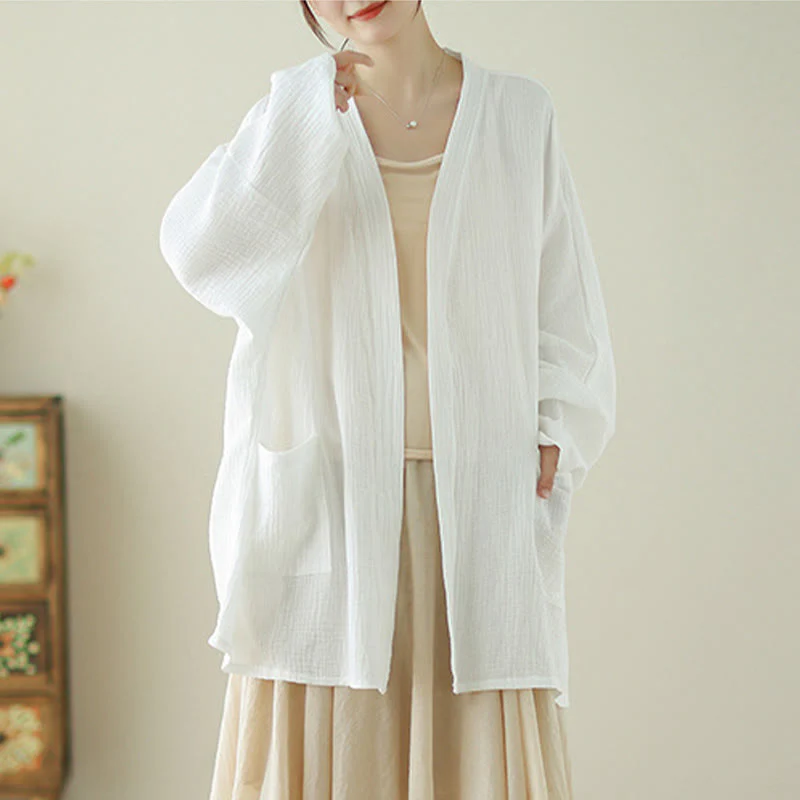 Buddha Stones Plain Long Sleeve Zen Meditation Cotton Linen Jacket With Pockets