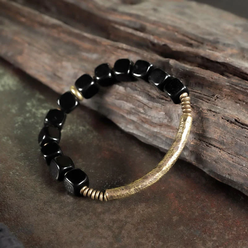 Buddha Stones Black Obsidian Crystal Copper Strength Couple Bracelet