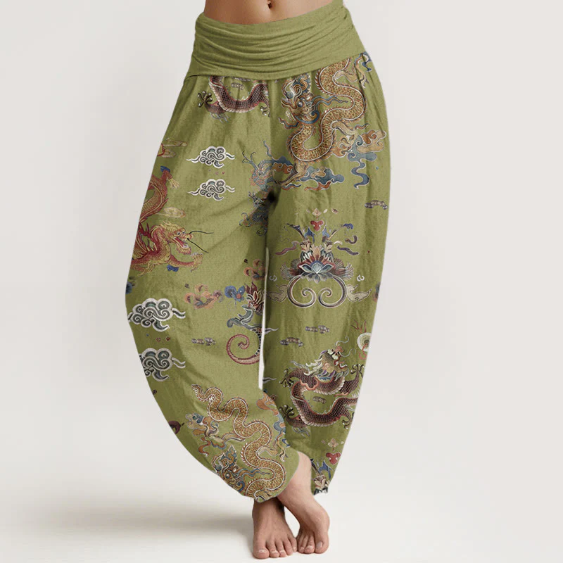 Buddha Stones Pure Cotton Golden Dragons Auspicious Clouds Design Women's Elastic Waist Harem Pants