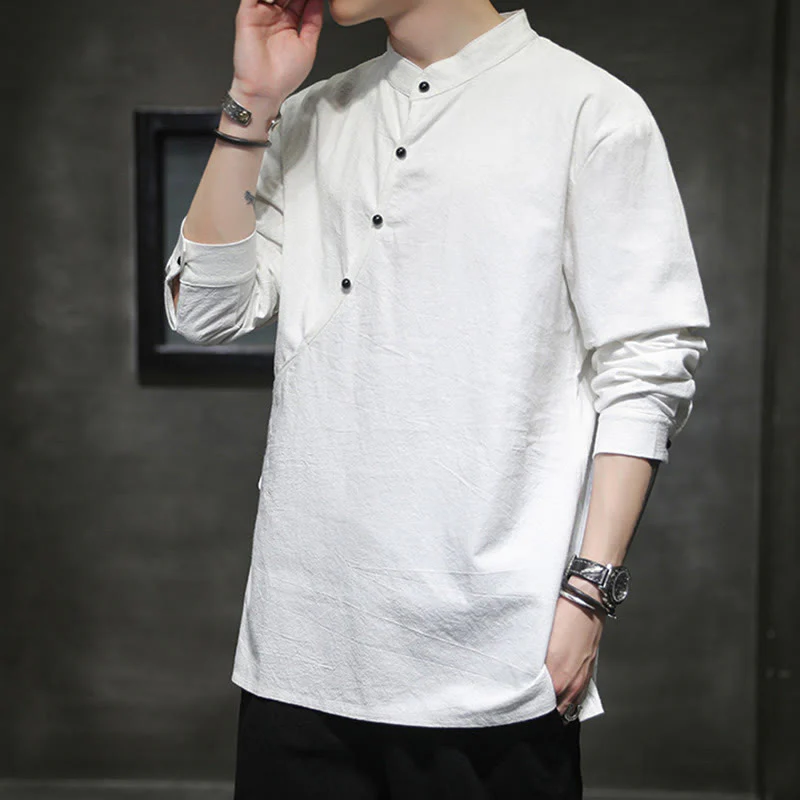 Buddha Stones Plain Lace-Up Simple Button Design Men's Long Sleeve Cotton Linen Shirt Clothing