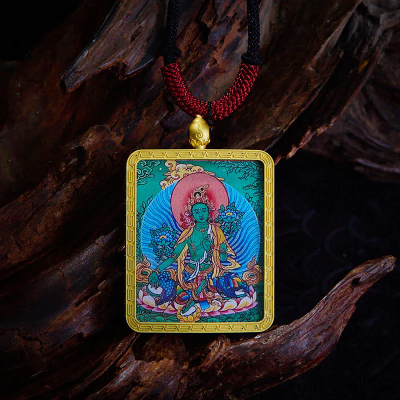 Buddha Stones Tibetan Zakiram Nine Tailed Fox Yellow God of Wealth Painted Thangka Hope Necklace Pendant