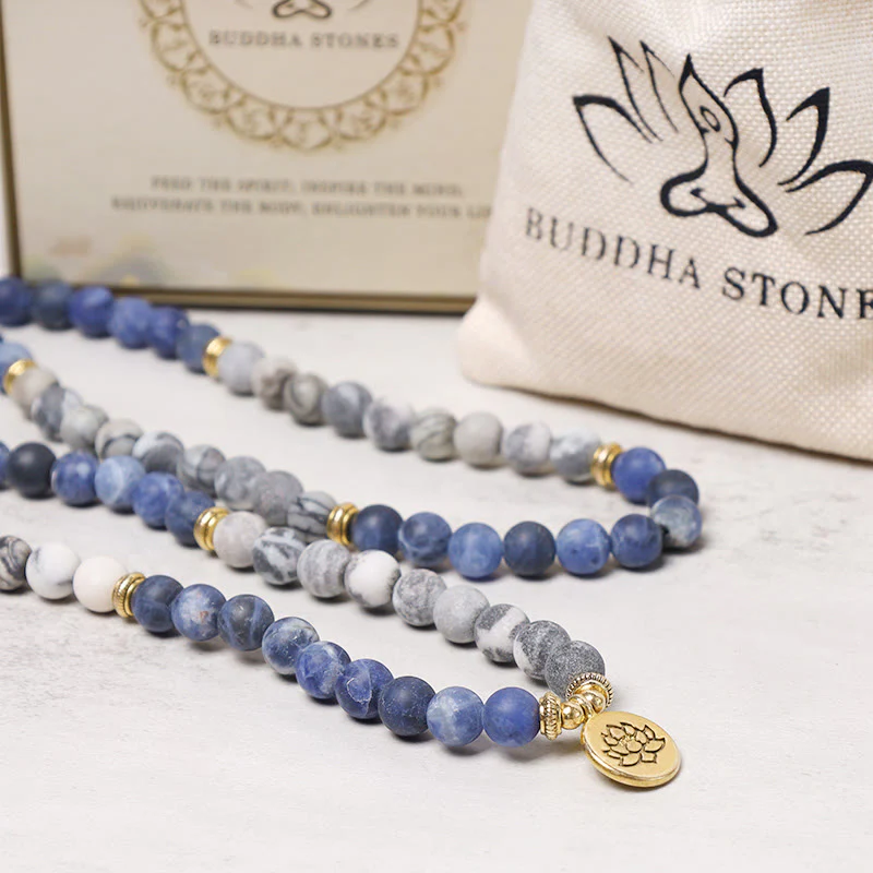 Buddha Stones 108 Natural Picasso Jasper & Blue Stone Mala Bead Lotus Pendant Bracelet