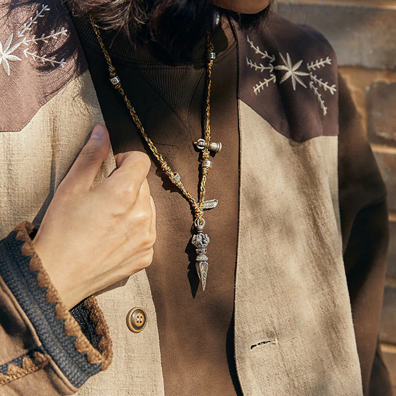 Buddha Stones Tibetan Handmade 925 Sterling Silver Dorje Vajra Om Mani Padme Hum Feather Strength Necklace Pendant