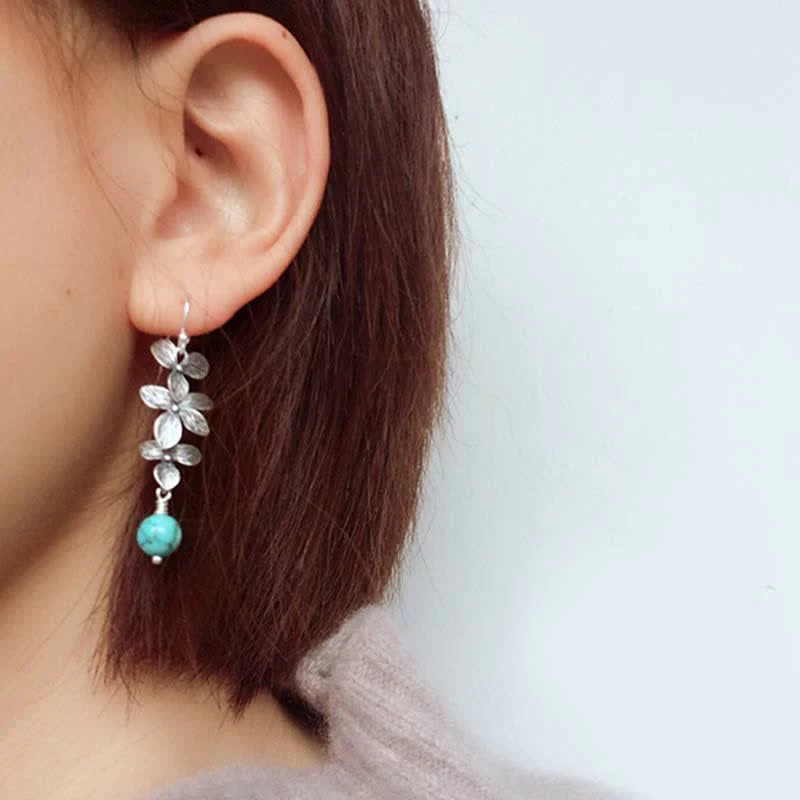 Buddha Stones 925 Sterling Silver Turquoise Lazurite Flower Leaf Serenity Protection Hook Drop Dangle Earrings