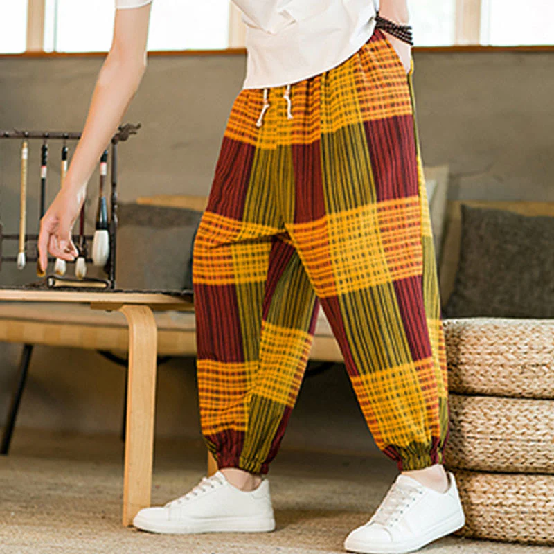 Buddha Stones Summer Checkered Stripes Cotton Linen Men's Harem Pants With Pockets