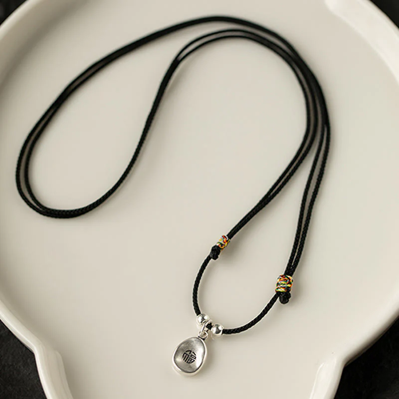 Buddha Stones 999 Sterling Silver Peace And Joy Fu Character Luck Fortune 925 Sterling Silver Chain Necklace Pendant