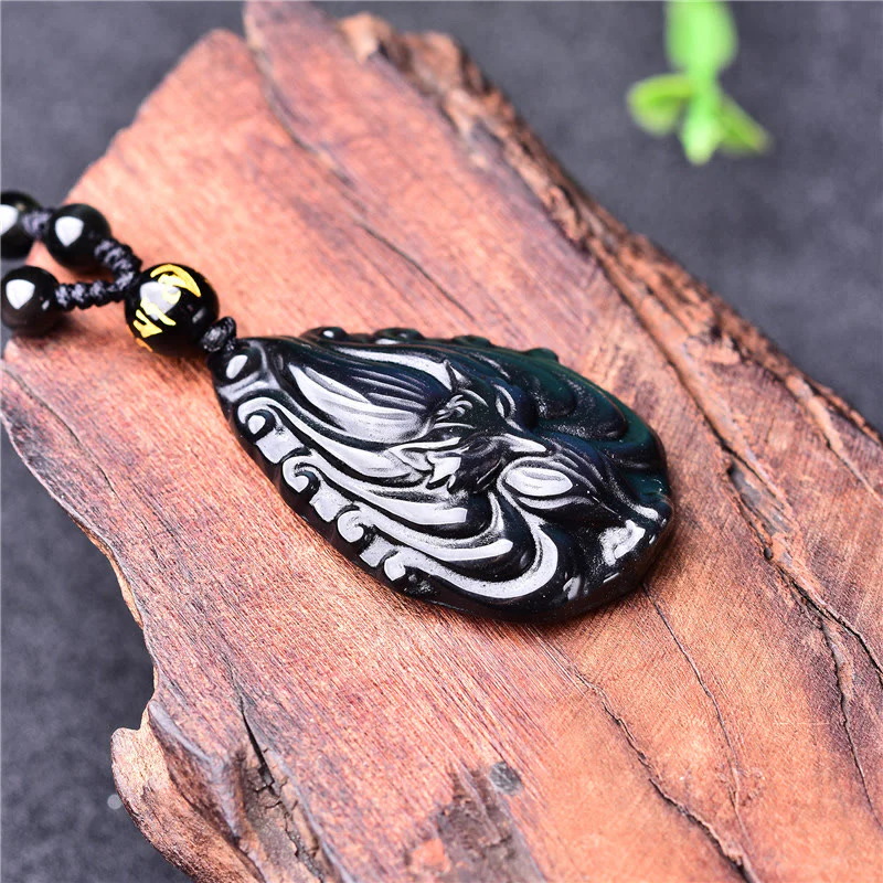 Buddha Stones Natural Rainbow Obsidian Nine Tailed Fox Inner Peace Necklace Beaded String Pendant