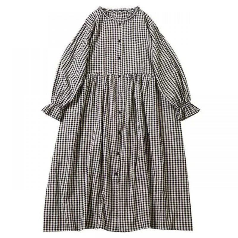 Buddha Stones Casual Plaid Simple Buttons Ruffled Design Cotton Linen Midi Dress With Pockets