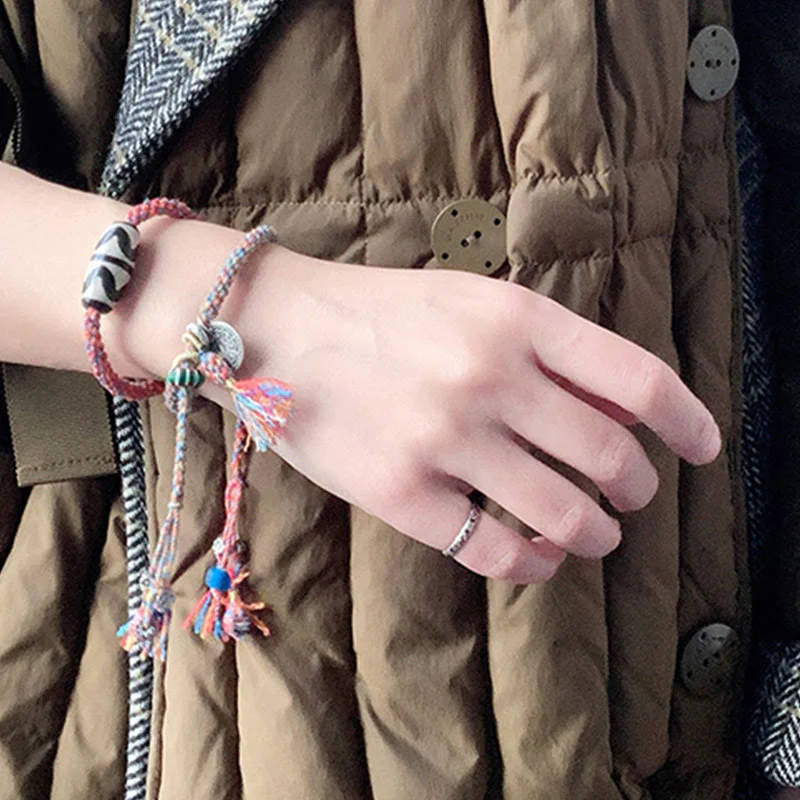 Buddha Stones Tibetan 925 Sterling Silver Om Mani Padme Hum Handmade Dzi Bead Protection Braid Bracelet