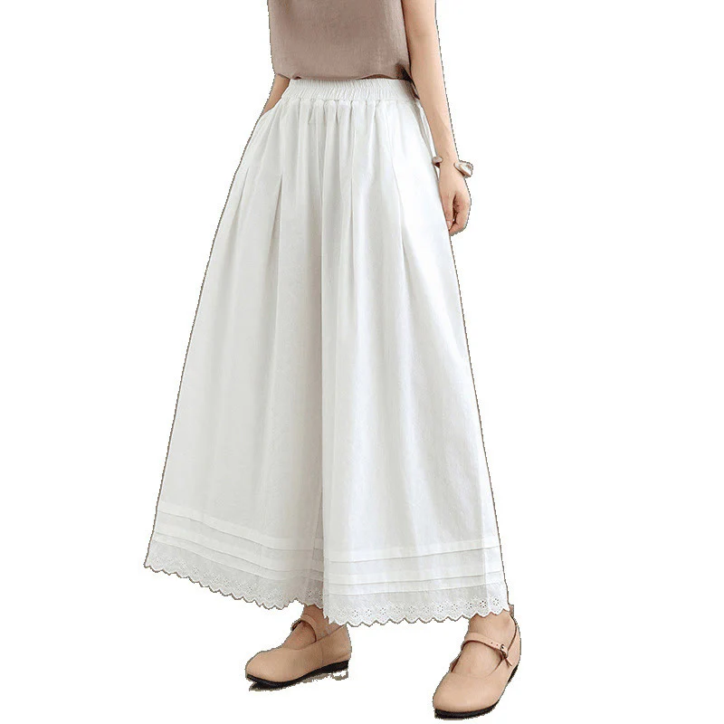 Buddha Stones Commute Simple Lace Design 7-8 Length Women's Wide Leg Cotton Linen Pants With Pockets