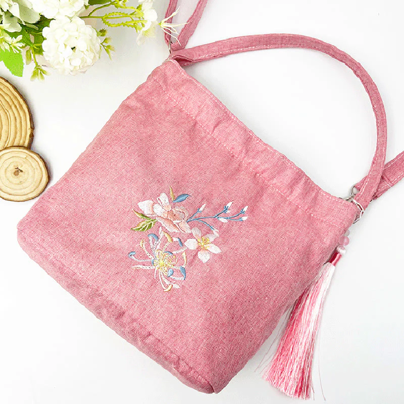 Buddha Stones Embroidery Wisteria Plum Lotus Cherry Blossom Cotton Linen Canvas Tote Crossbody Bag Shoulder Bag Handbag