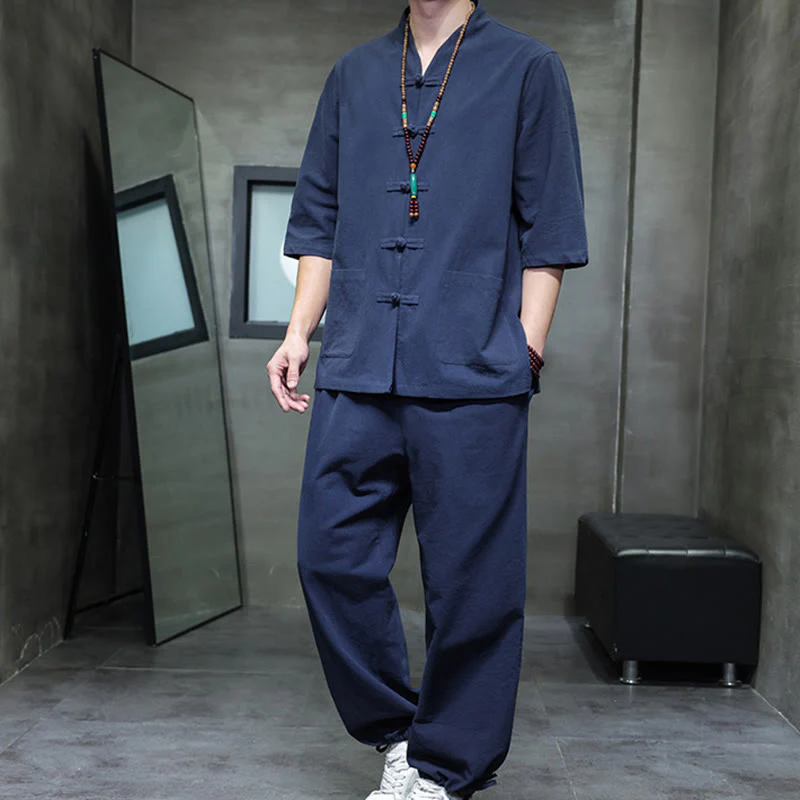 Buddha Stones 2Pcs Tang Suit Frog-Button Design Shirt Pants With Pockets Men's Cotton Linen Meditation Cloth Set