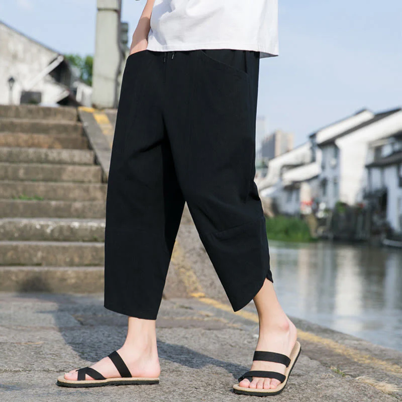 Buddha Stones Summer Casual Simple Plain Tapered Design Drawstring Men's  7-8 Length Cotton Linen Pants With Pockets