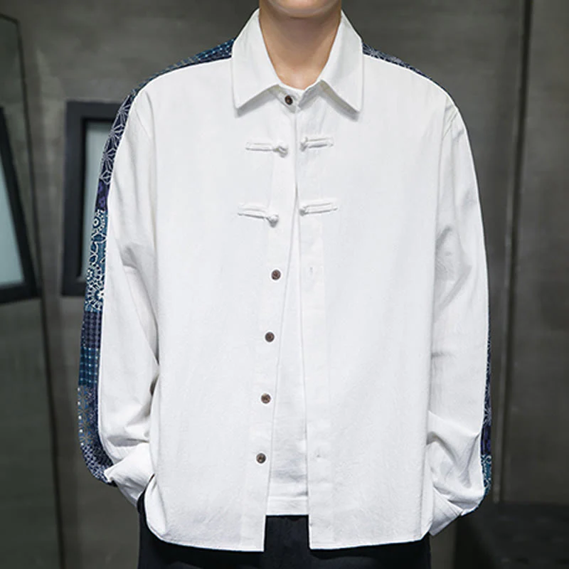 Buddha Stones Men's Flower Pattern Stitching Cotton Blend Long Sleeve Shirt