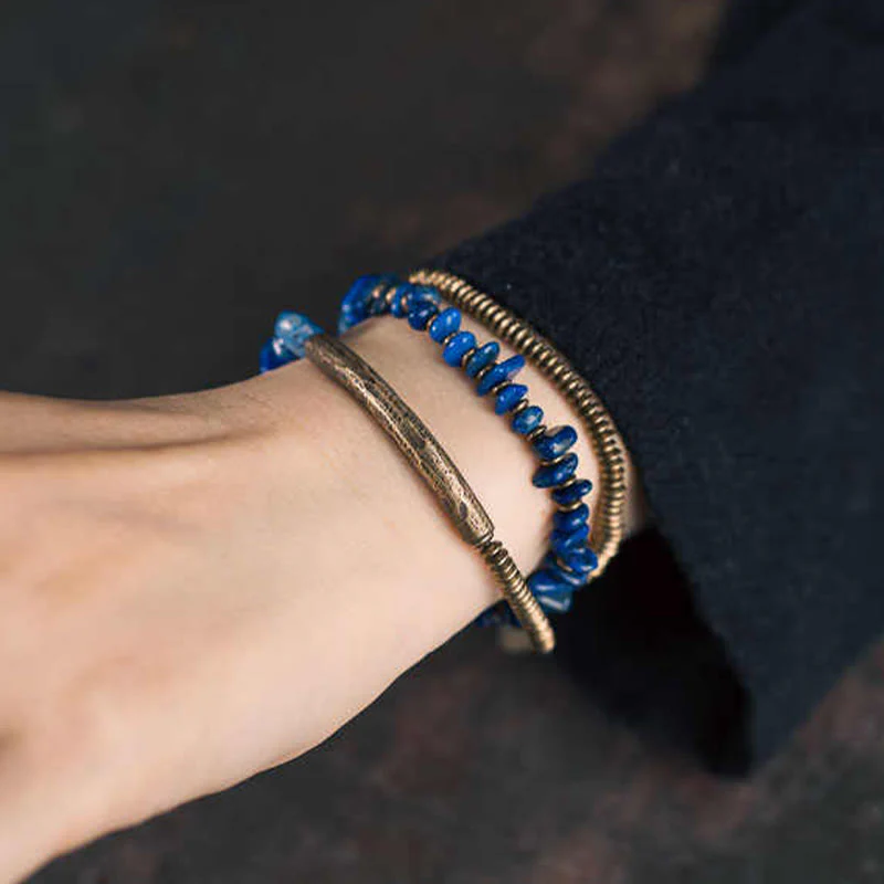 Buddha Stones Irregular Shape Triple Wrap Lazurite Balance Bracelet