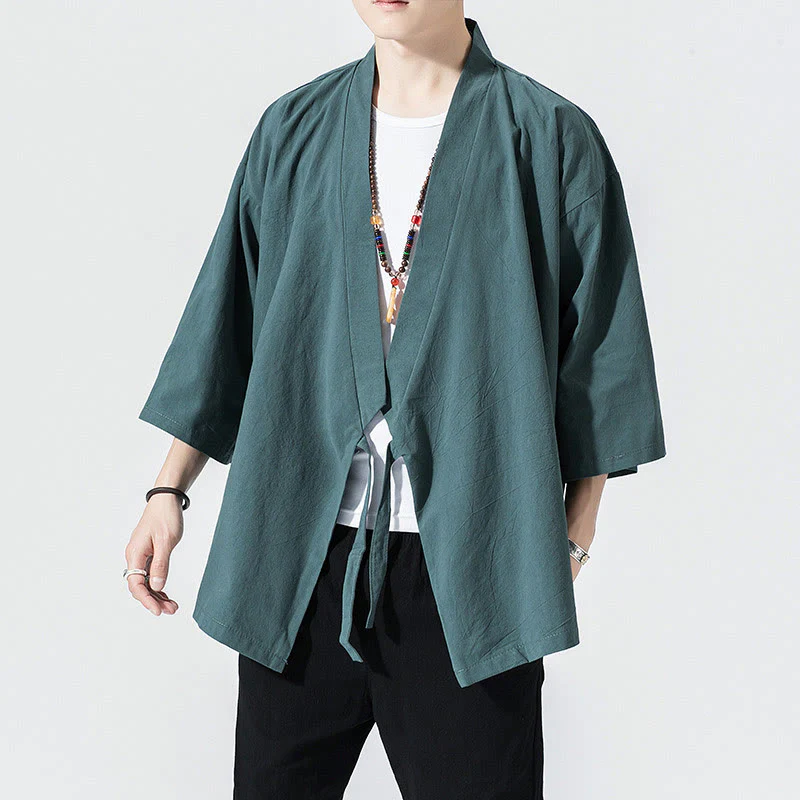 Buddha Stones Casual Plain Tang Suit Open Front Jacket Cotton Linen Men's Kimono
