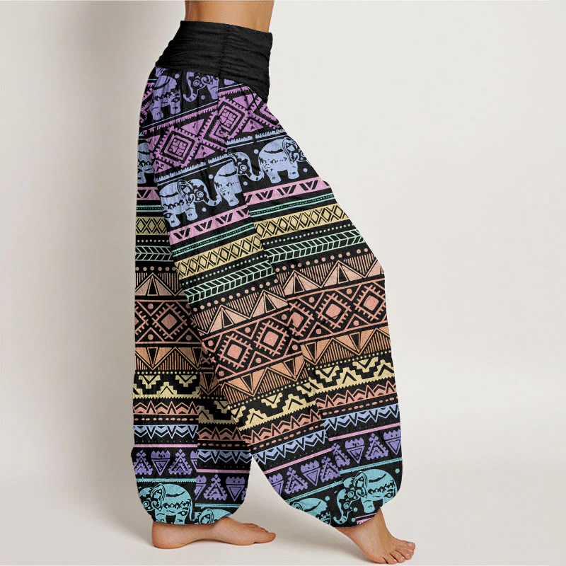 Buddha Stones Pure Cotton Casual Elephant Geometric Figure Women's Elastic Waist Harem Pants
