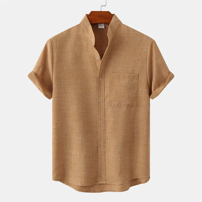 Buddha Stones Summer Men's Button Plain Short Sleeve Cotton Shirt With Pocket