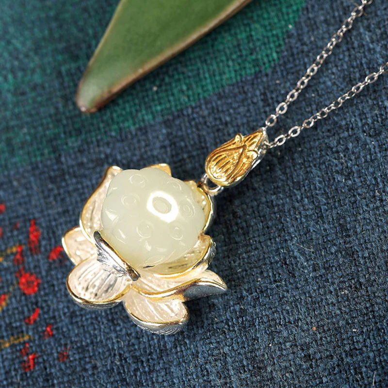 Buddha Stones White Jade Lotus Flower Happiness Necklace