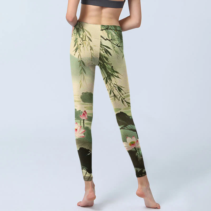 Buddha Stones Pink Lotus Flower Lotus Leaves Willow Branch Pattern Print Gym Leggings Women's Yoga Pants