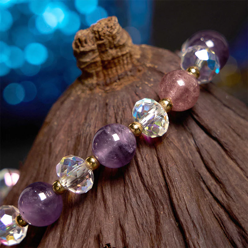 Buddha Stones Amethyst Strawberry Quartz White Crystal Nine Tailed Fox Meditation Bracelet