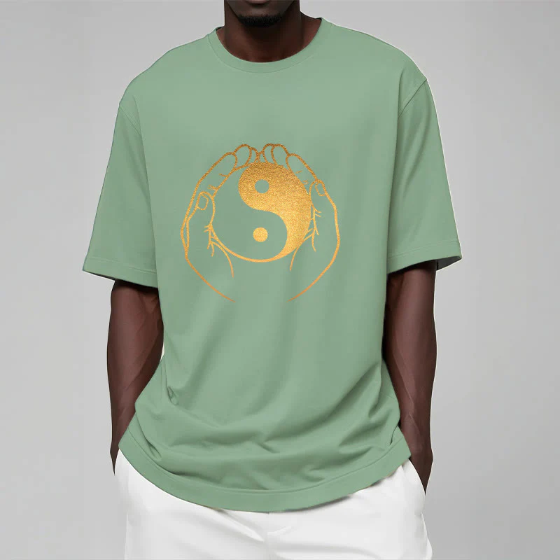 Buddha Stones Hands Holding A Golden Yin Yang Tee T-shirt