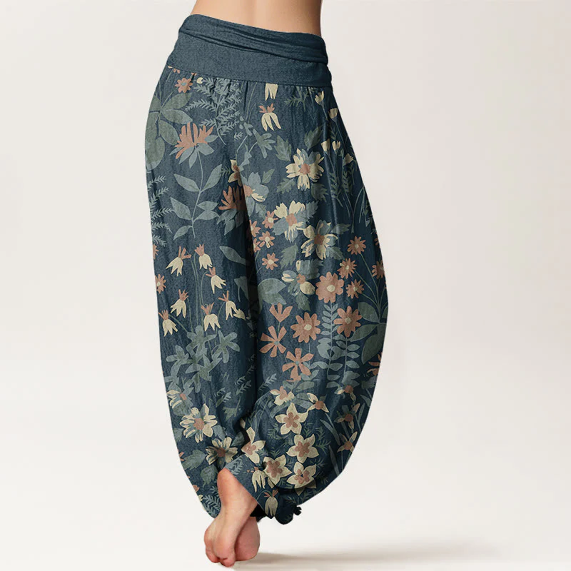 Buddha Stones Casual Daisy Flowers Leaves Design Women's Elastic Waist Harem Pants