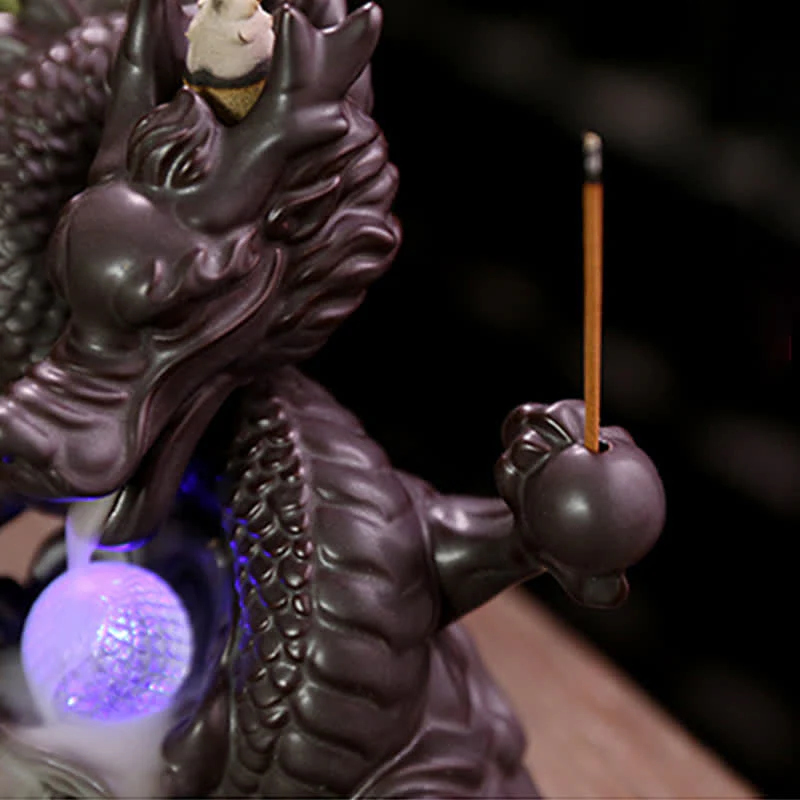 Buddha Stones Auspicious Dragon Ceramic Backflow Smoke Fountain Meditation Healing Incense Burner Led Ball Decoration