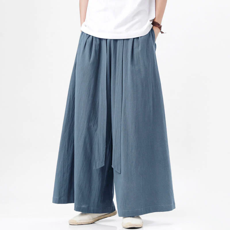 Buddha Stones Spring Casual Sports Drawstring Design Men's Cotton Linen Wide Leg Pants With Pockets
