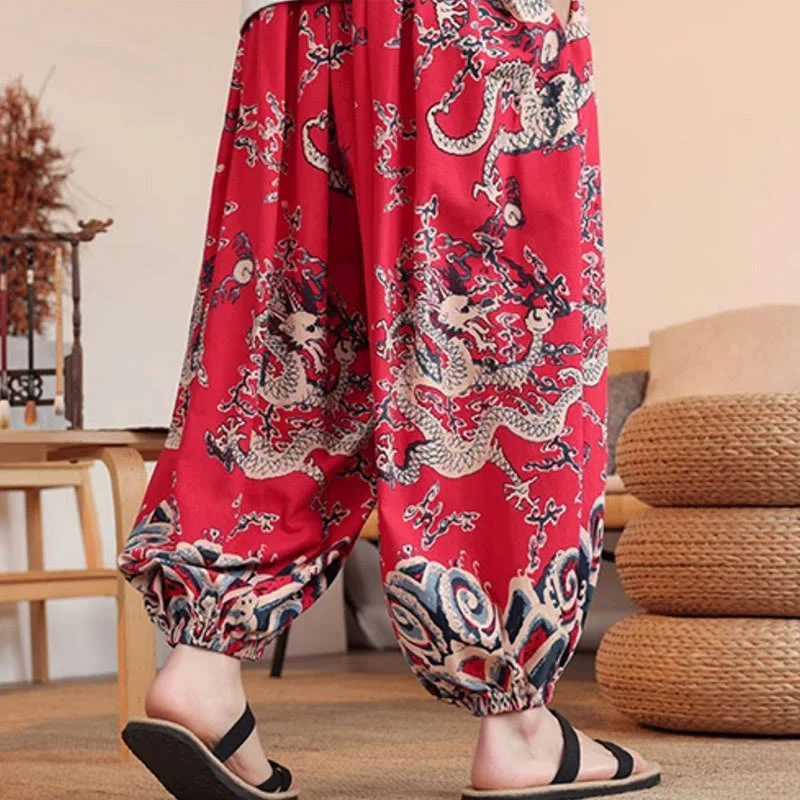 Buddha Stones Dragon Print Cotton Men's Harem Ankle-Length Pants With Pockets