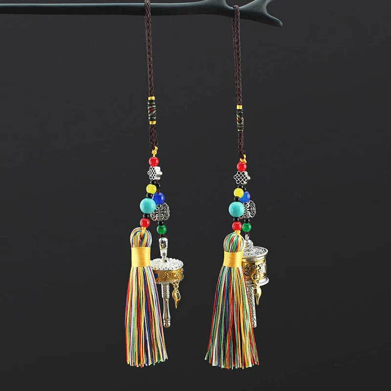 Buddha Stones Tibet Om Mani Padme Hum Prayer Wheel Tassel Bag Car Hanging Decoration