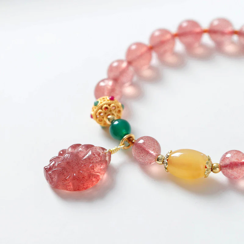 Buddha Stones Natural Strawberry Quartz Nine Tailed Fox Healing Bracelet
