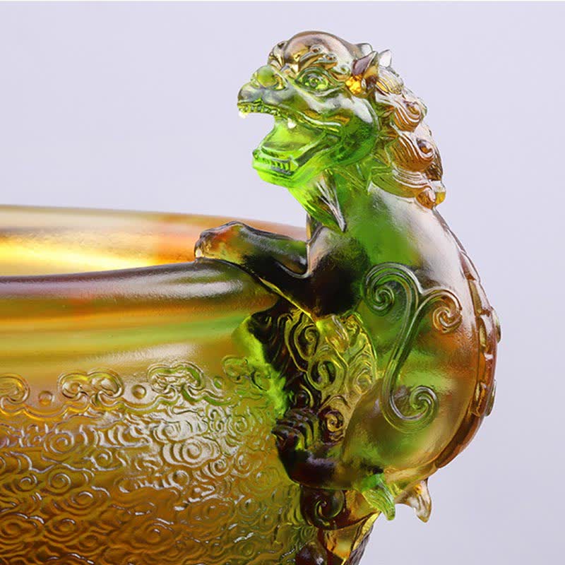 Buddha Stones Handmade Liuli Crystal PiXiu Treasure Bowl Art Piece Home Decoration